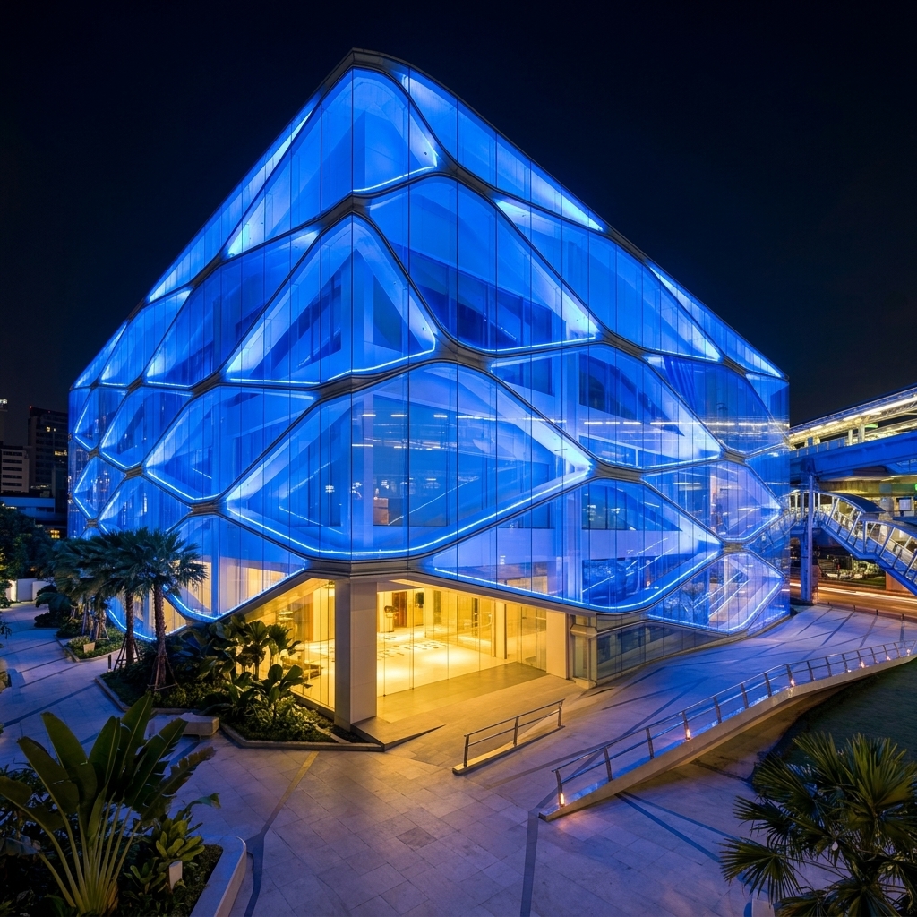 Bangkok Mediplex — iconic medical mall with blue LED cellular glass facade at night, Sukhumvit 42, BTS Ekkamai, Bangkok