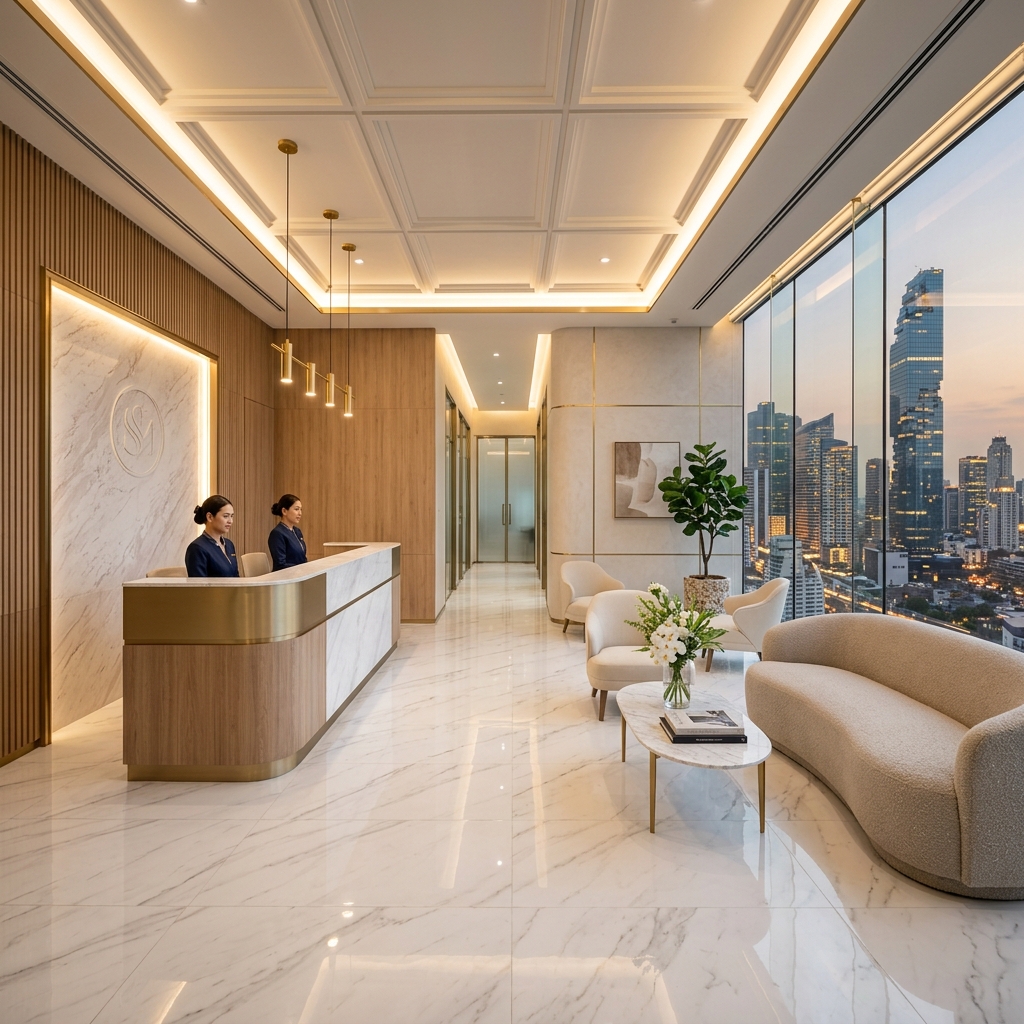 Bangkok Mediplex interior — premium medical clinic lobby with marble floors and modern furnishings at Sukhumvit 42 Ekkamai